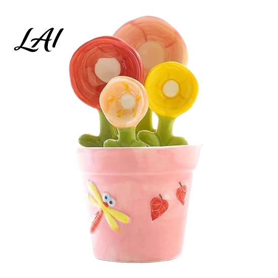 Kitchen Utensil Gift Set 4Pcs Flower Measuring Spoons Set Ceramic Nesting Cups A