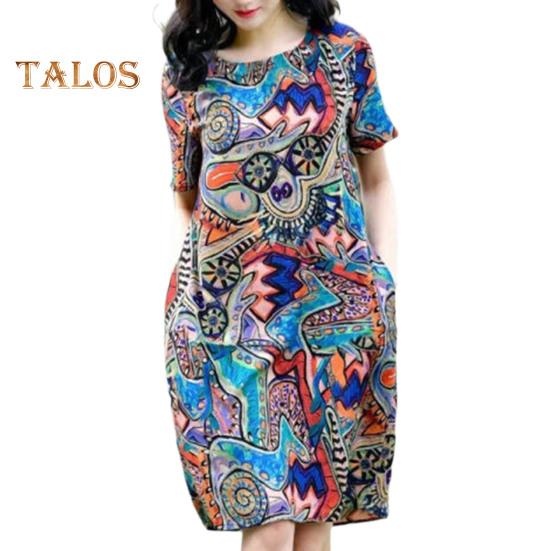 

Женское летнее платье с красочным принтом граффити и круглым вырезом с короткими рукавами, свободное до колена и боковыми карманами, пуловер, повседневное платье миди для покупок 2XL синий