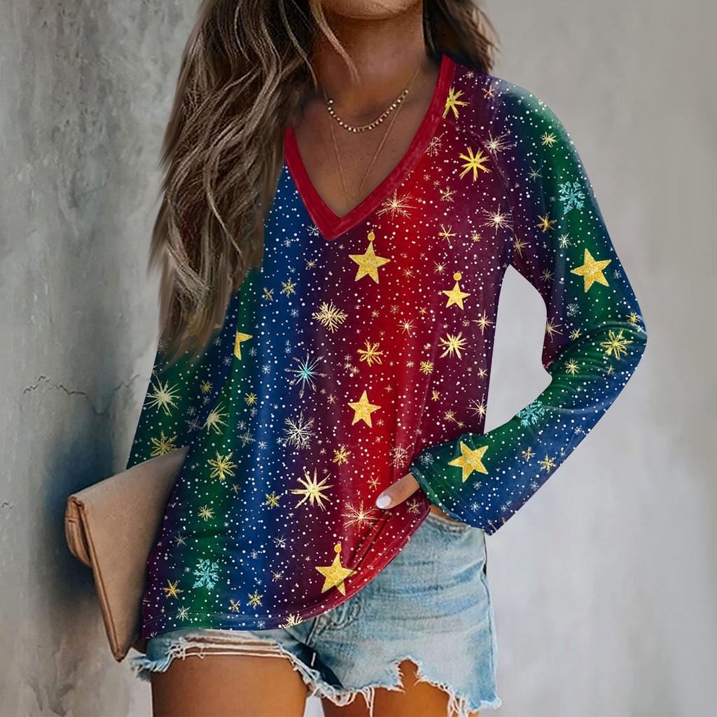 Women's Long Sleeve T-Shirt V-Neck ChristmasPrinted Casual Basic Tops