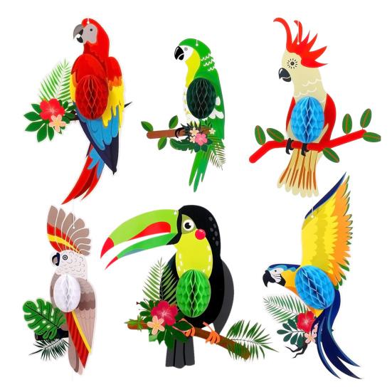 6 Pcs Parrot Honeycomb Paper Cutouts Tropical Birds Honeycomb Decoration for Hawaiian Luau Tiki Summer Party Supplies