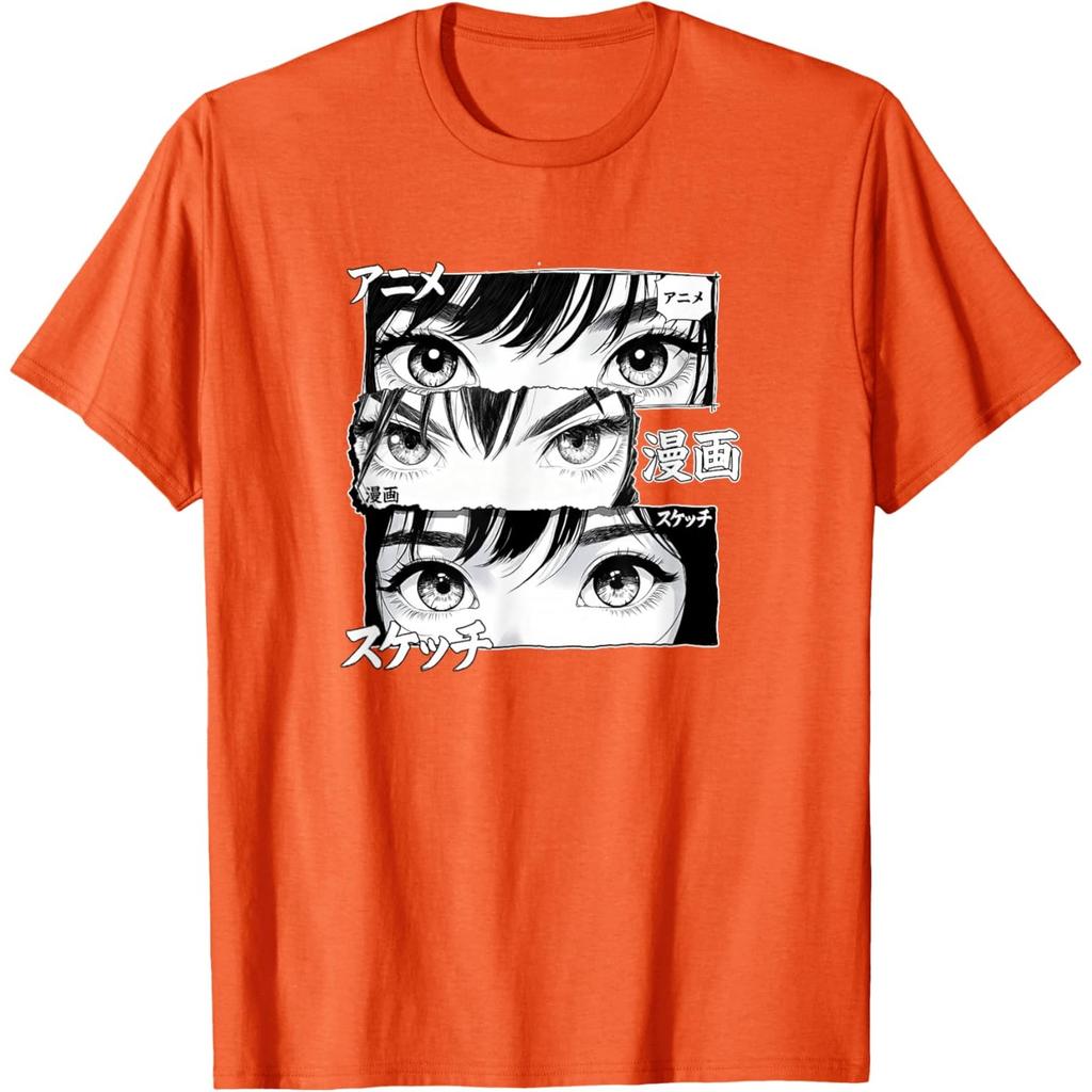 Manga Girl Eyes Panel Art Tshirt Graphic Tee Cool Japanese Text Print Casual Crew Neck Top