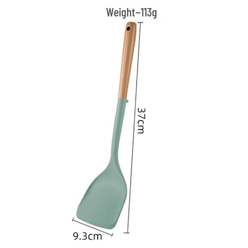 High-Temp Resistant Silicone Spatula Set: Non-Stick Pan Safe, Wooden Handle, Slotted Skimmer, Stand-Up Rice Spoon.