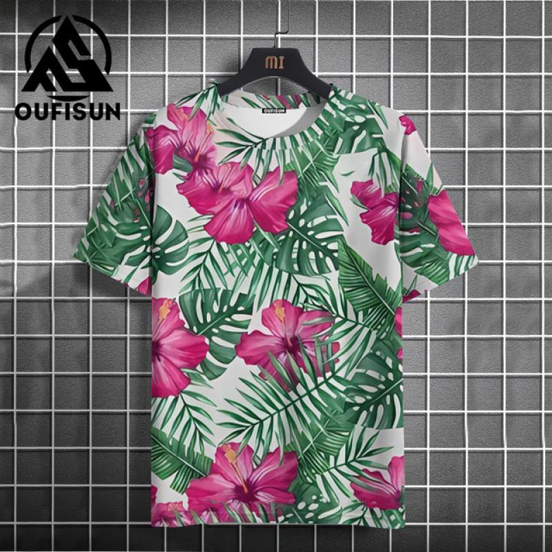 Letní ležérní pánské tričko s květinovým potiskem Denní oblečení do ulic Pohodlné tričko Oversized svetr do O-výstřihu Módní tričko pro muže