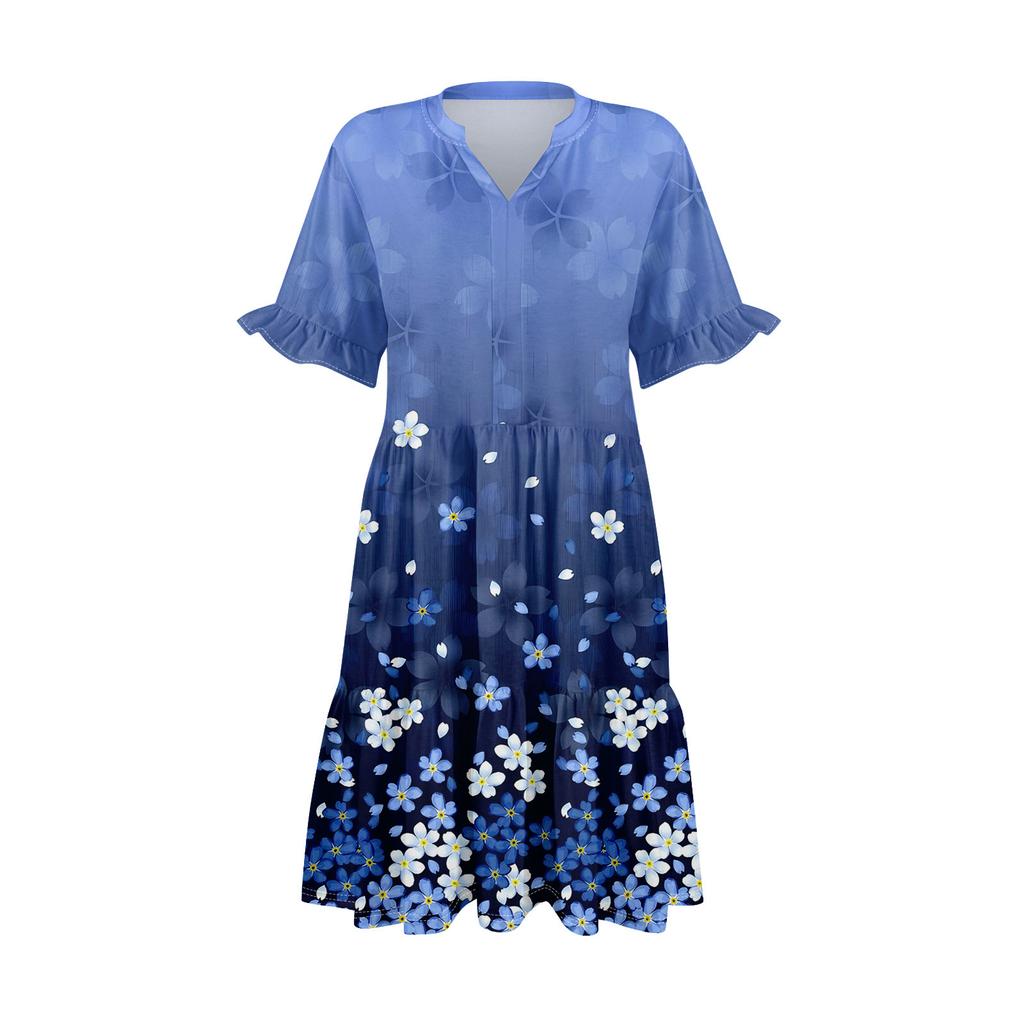 Womens Summer Dress Short Sleeve V Neck Short Dresses Fashion Casual Flowy Boho Ruffle A Line Swing Sundress With Pockets