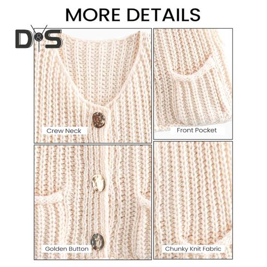 Knit Cropped Cardigan Sweater V-Neck Long Sleeve Buttons Down Loose Fit Sweater Coat with Pockets Solid Color Knitwear