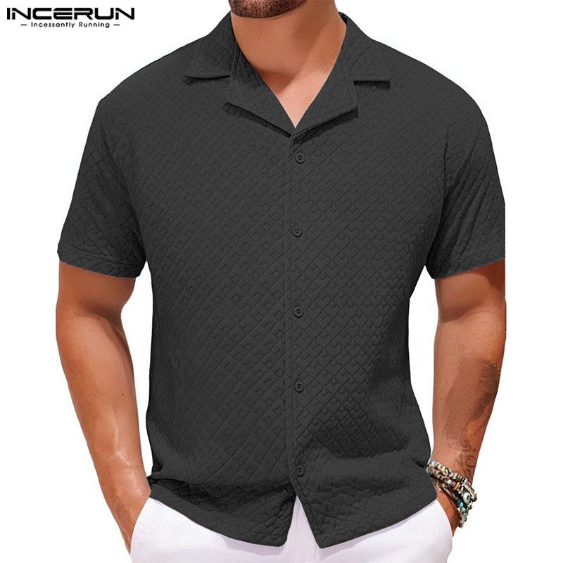INCERUN Oversized Men Lapel Neck Short Sleeve Texture Buttons Up Casual Shirts