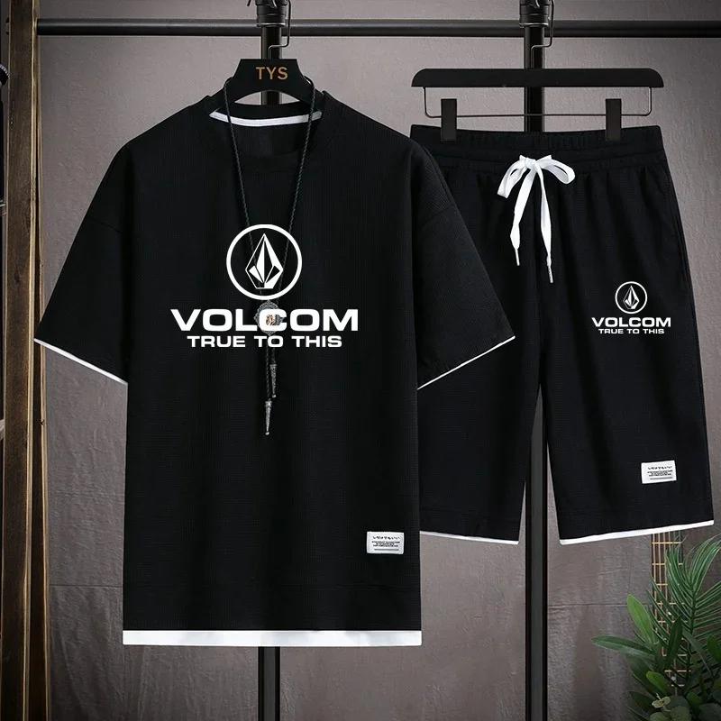 VOLCOM Neues Waffel-Sport-T-Shirt und Shorts-Set für Herren, bedruckt, lässige Sportbekleidung, modisches Kurzarm-T-Shirt, Sommer, täglich, Outdoor 3XL