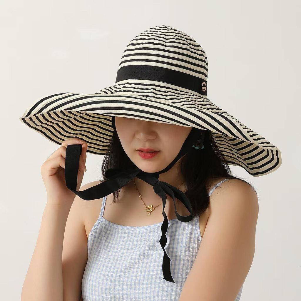 Women's Hepburn Style Wide Brim Striped Sun Hat for Summer Travel & Neck Protection