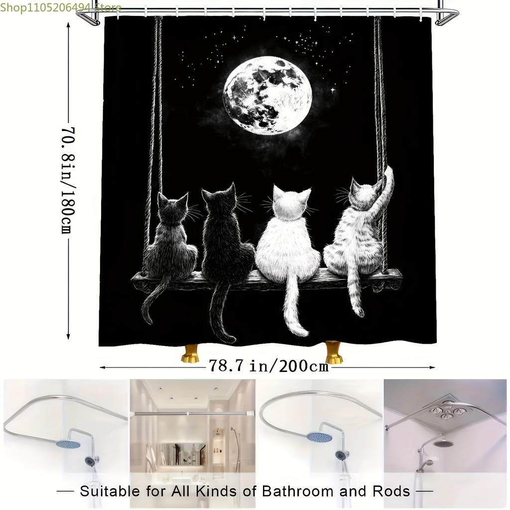 1pc Moonlit Cats on Swing Digital Print Shower Curtain - Black & White Whimsical Design with Black Cats, White Cats, and Full