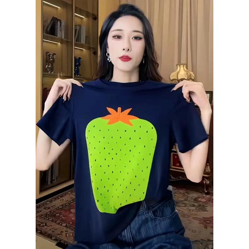 

Women s Oversized Strawberry Print T-Shirt Casual Short Sleeve Crew Neck Top All-match L темно-синього кольору