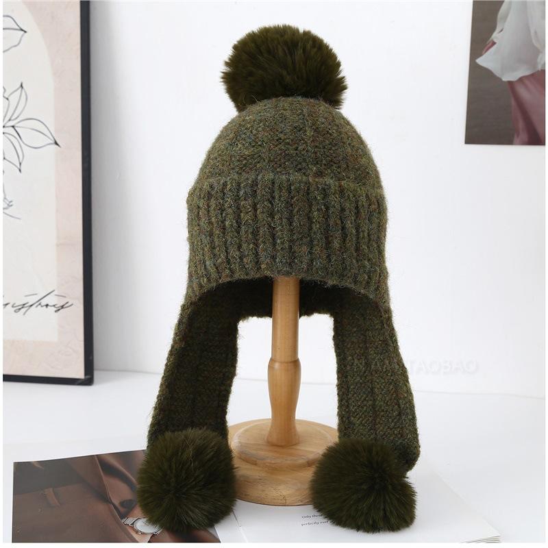 Winter Korean Thickened Hairball Ear Protection Knitted Bomber Hat Women Simple Casual Windproof Warm Small Face Wool Beanie Cap