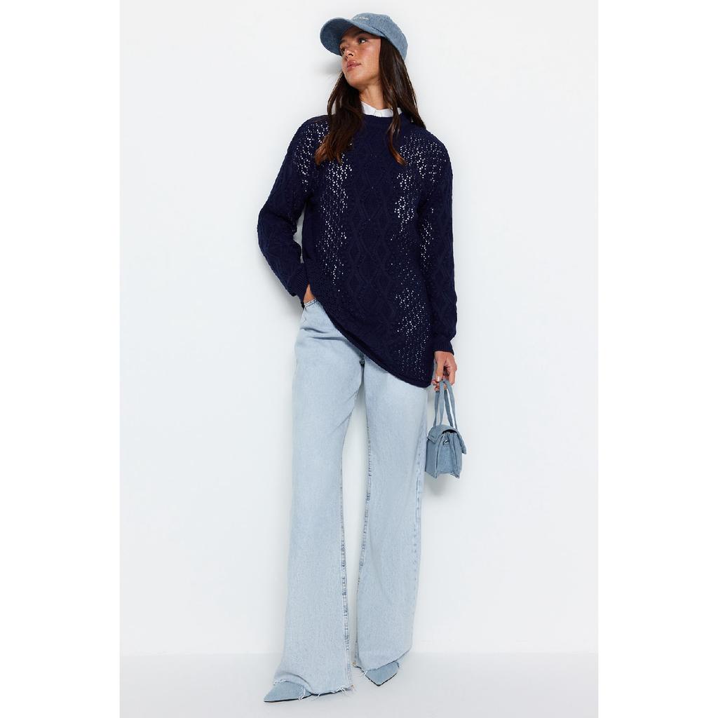 Navy Blue Openwork Knitwear Sweater Tctaw22ak0089