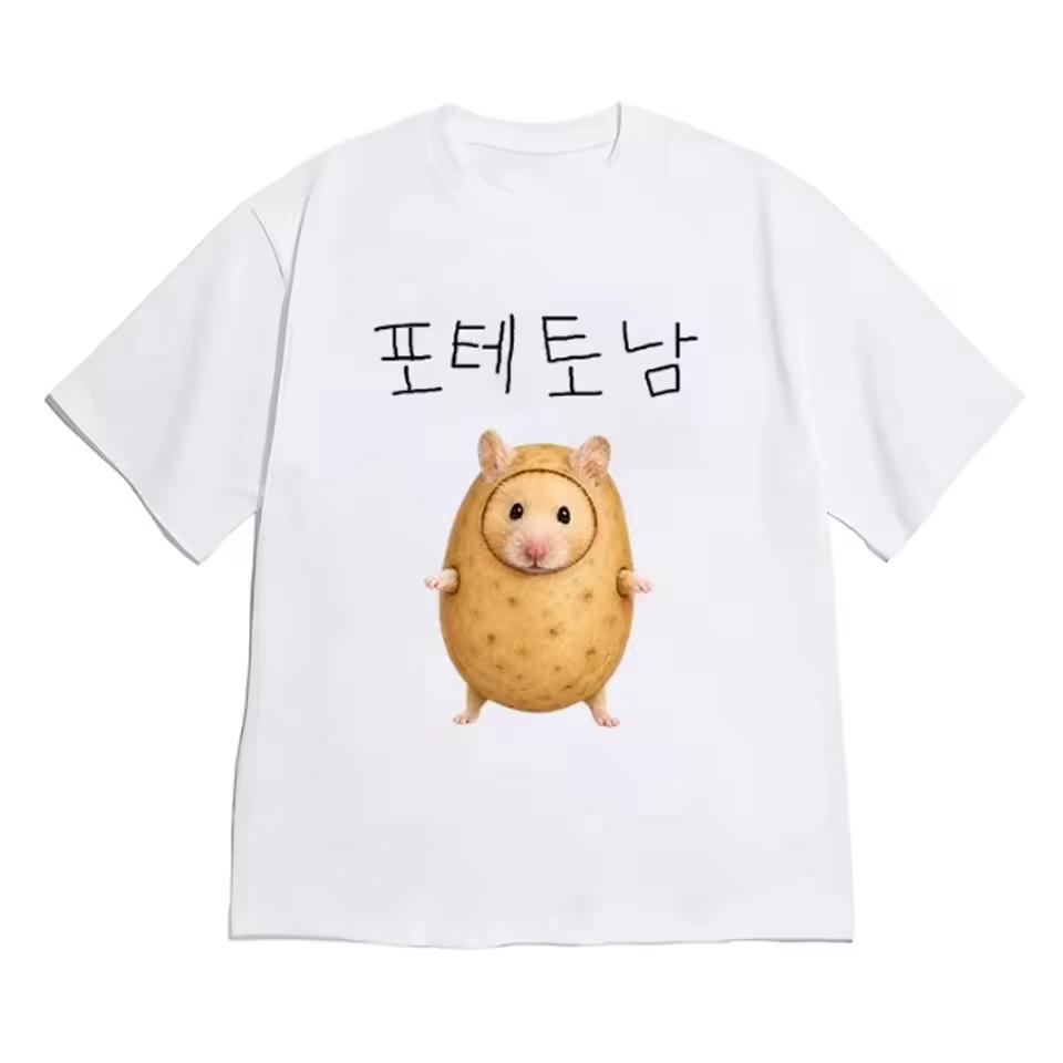 Men Korean Streetwear T-Shirt Funny Potato Hamster Meme Hangul Text Graphic Loose Cotton Y2k Casual Short Sleeve Daily Tops