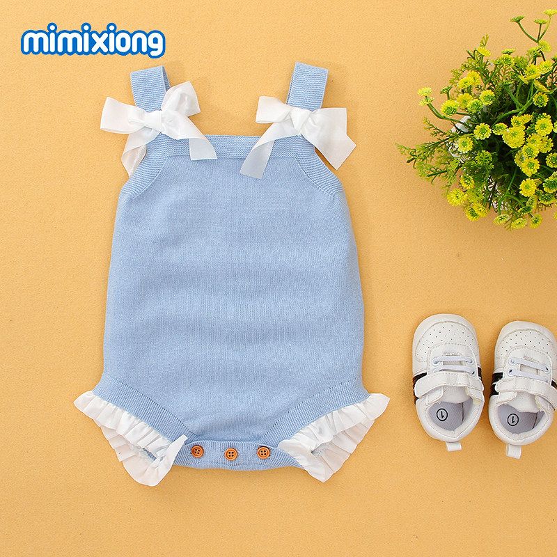 

INS Baby Summer Infant Girl Bows Lace Bottom-Covering Rompers Home Outing Jumpsuit Light Blue 70(Recommended Height: 59-66)