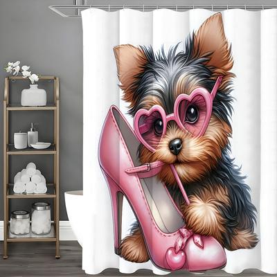 Linda Cortina de Ducha para Perro con Gafas de Sol Mordiendo Zapatos de Tacón Rosas, Cortina de Ducha Decorativa para Baño, Cortina de Ducha Impermeable con Anillas