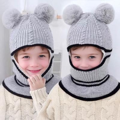 Yousheng Children Hat Plush Balls Decor Thickened Knitting Hat 3-in-1 Design Hat Scarf Face Guard Headgear Elastic Fit Windproof Hat