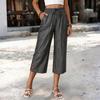 Women Drawstring Waist Loose Fit Cropped Pants with Pockets and Button Detail Casual Straight Leg Trousers