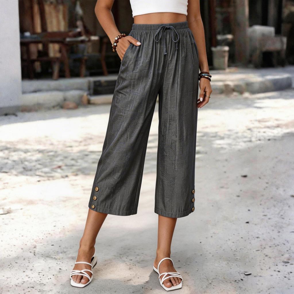 Women Drawstring Waist Loose Fit Cropped Pants with Pockets and Button Detail Casual Straight Leg Trousers