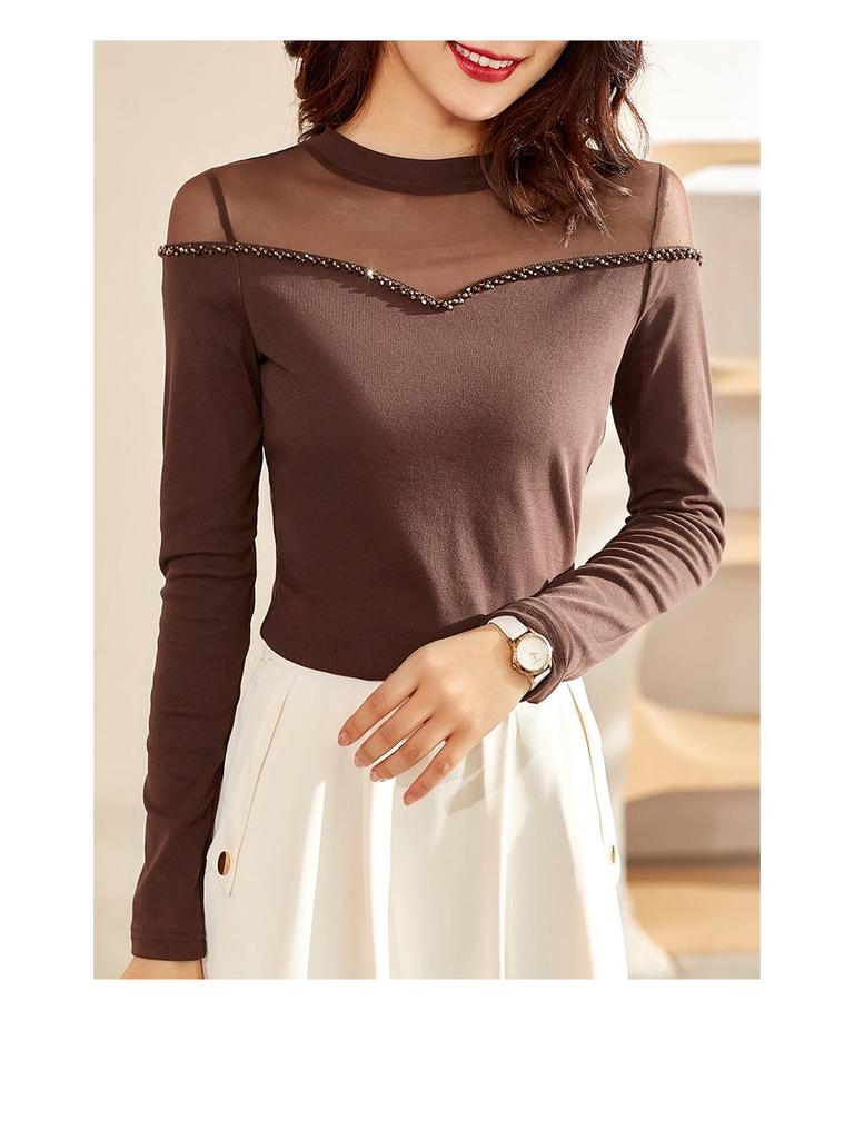 Women's Retro Beaded Black Mesh Long Sleeve Slimming Top - 2023 Spring/Autumn Collection