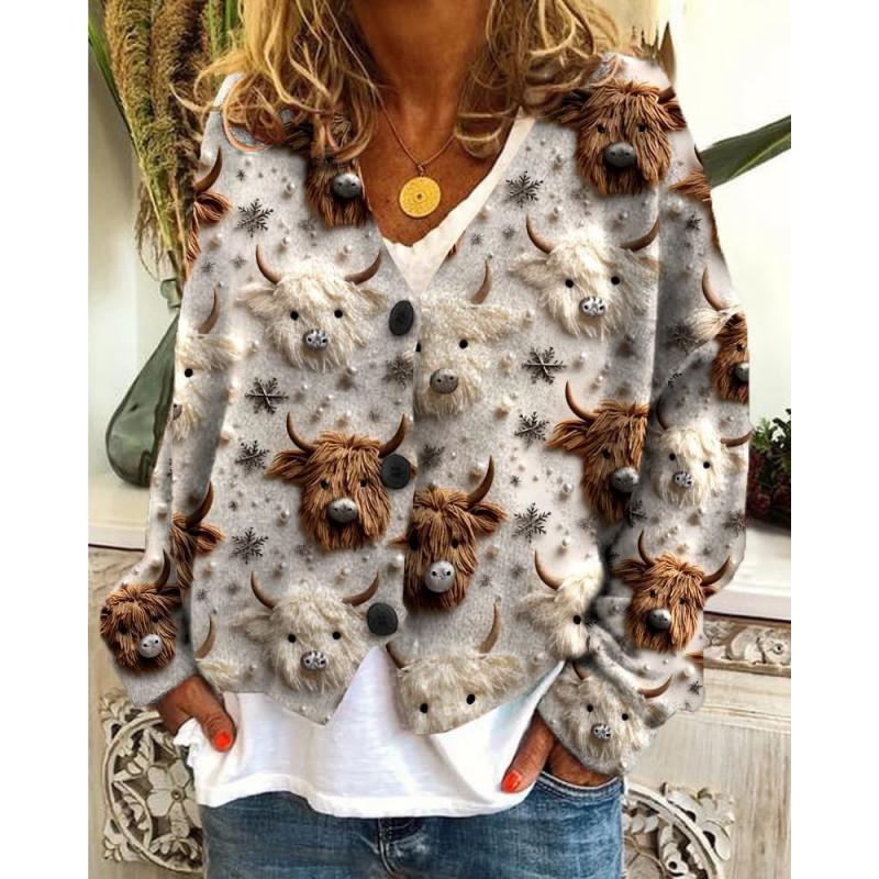 Womens Christmas Print V-Neck Open Front Cropped Long Sleeve Knit Sweater Loose Fit Casual Style