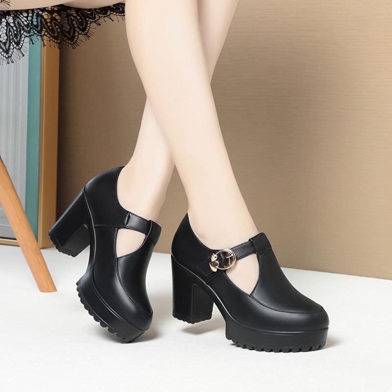 

Single Shoes Women s Spring And Autumn New Thick Heel Waterproof Platform High Heels Thick Sole Black Leather Shoes French Retro 36