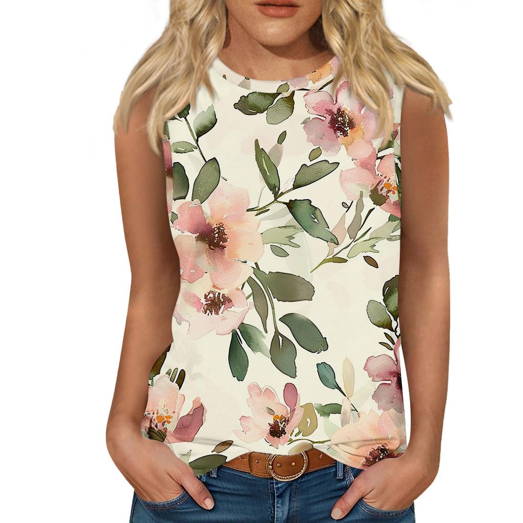 Women's Casual Round Neck Printed Sleeveless Vest Tops Vest