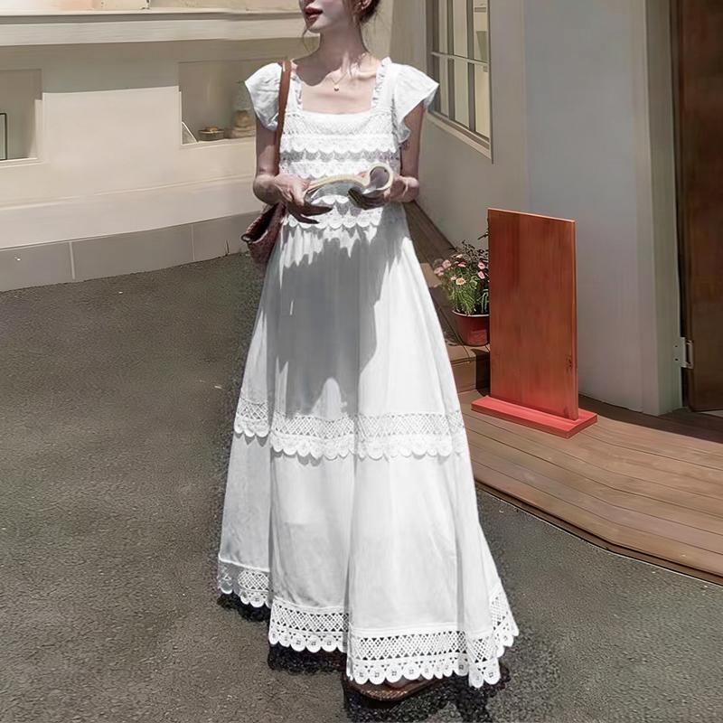 ZANZEA Women Casual Square Collar Sleeveless Summer Lace Patchwork Long Dress M белый