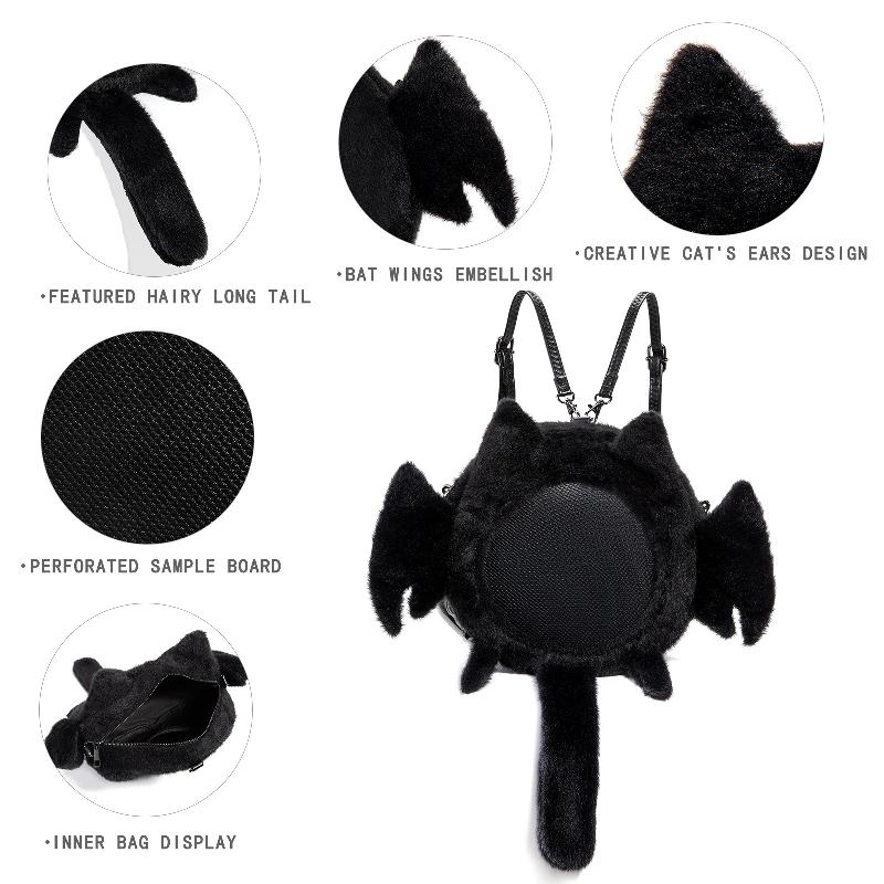 Gothic Bat Wing Plush Cat Ita Bag, Black Fuzzy Crossbody Backpack with Clear Window, Kawaii Dark Lolita Shoulder Bag