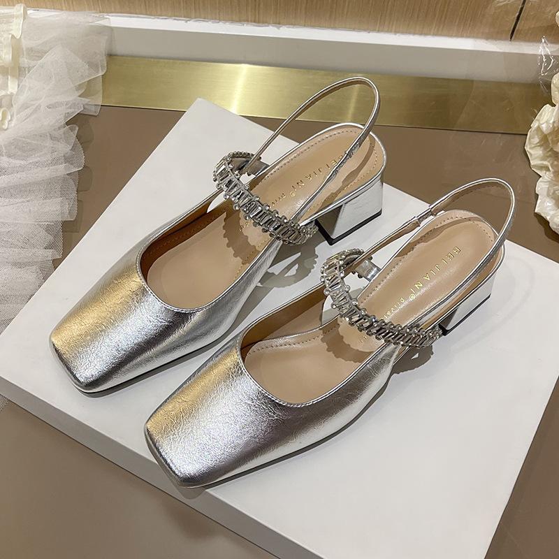 

Серебряная цепочка со стразами, сандалии с квадратным носком, женские туфли Мэри Джейн из овчины, толстый каблук, одинарные туфли 40