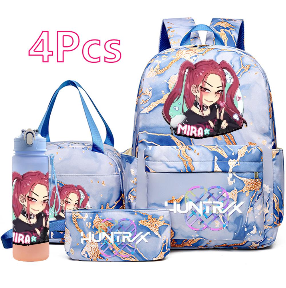 4 st/set K-Pop Tryckt Ryggsäck Handväska Pennfodral med 750 ml Vattenflaska för Tonårspojke Flicka Skolväska Student Stor Kapacitet Bokväska Barn Gåva