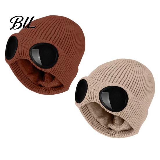 Casual Winter Accessory for Outdoor Activities 2Pcs Fleece Lined Hats with Goggles, Warm Knit Durable Cap Cold Weather Hats, Windproof Skiing Caps Men