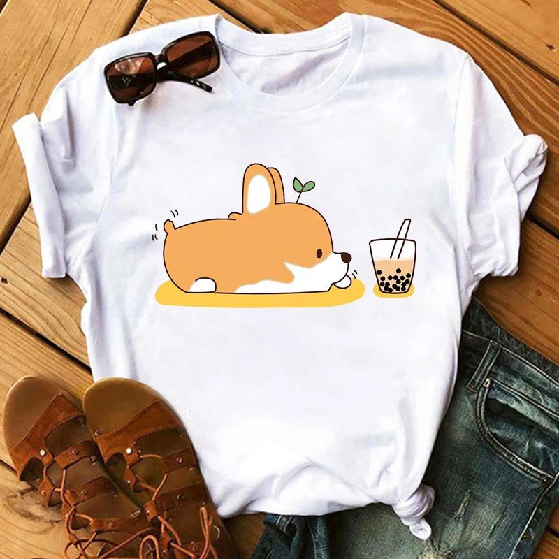Maycaur Funny Cute Corgi Dog Printed TShirt Harajuku 90s Kawaii Women Short Sleeves T Shirts Tops Graphic Tees Female Tshirt