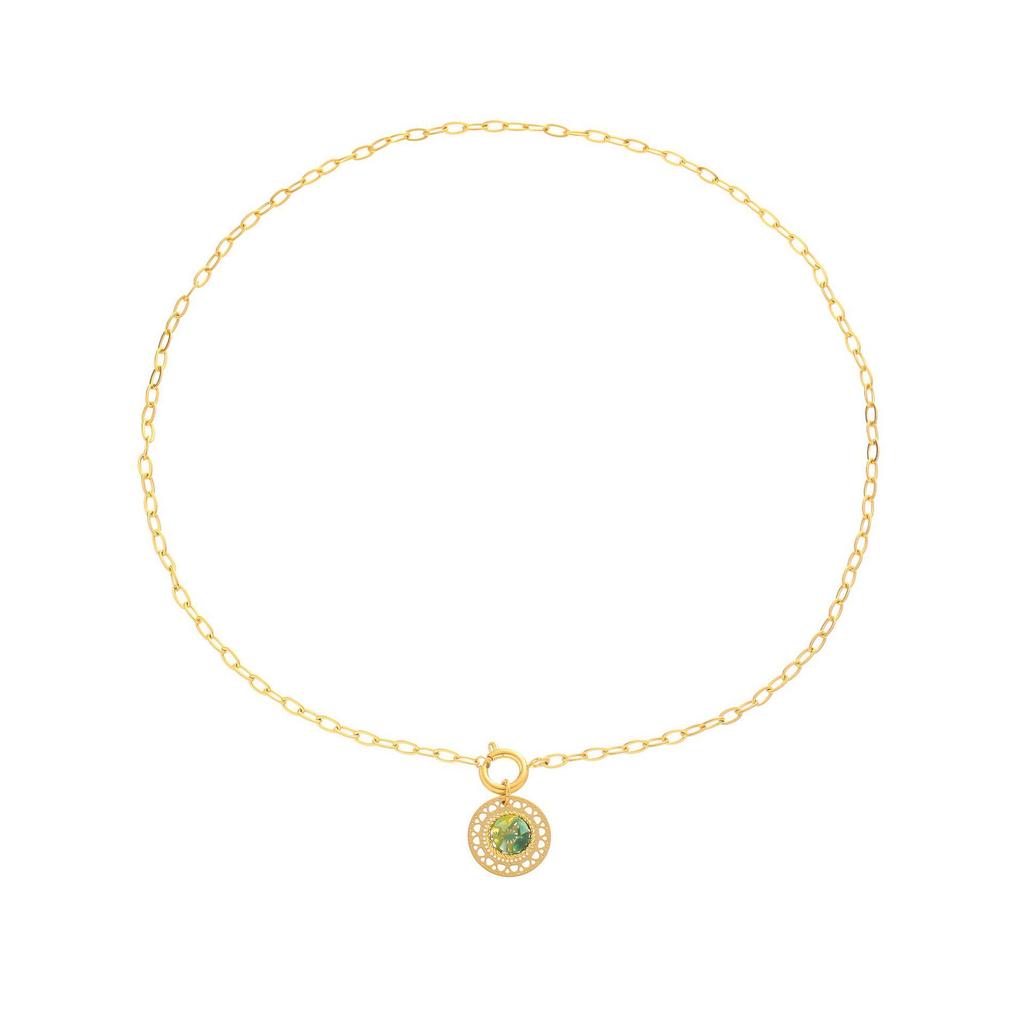 Emerald-Accented Titanium Steel Necklace - Elegant French Leaf Design