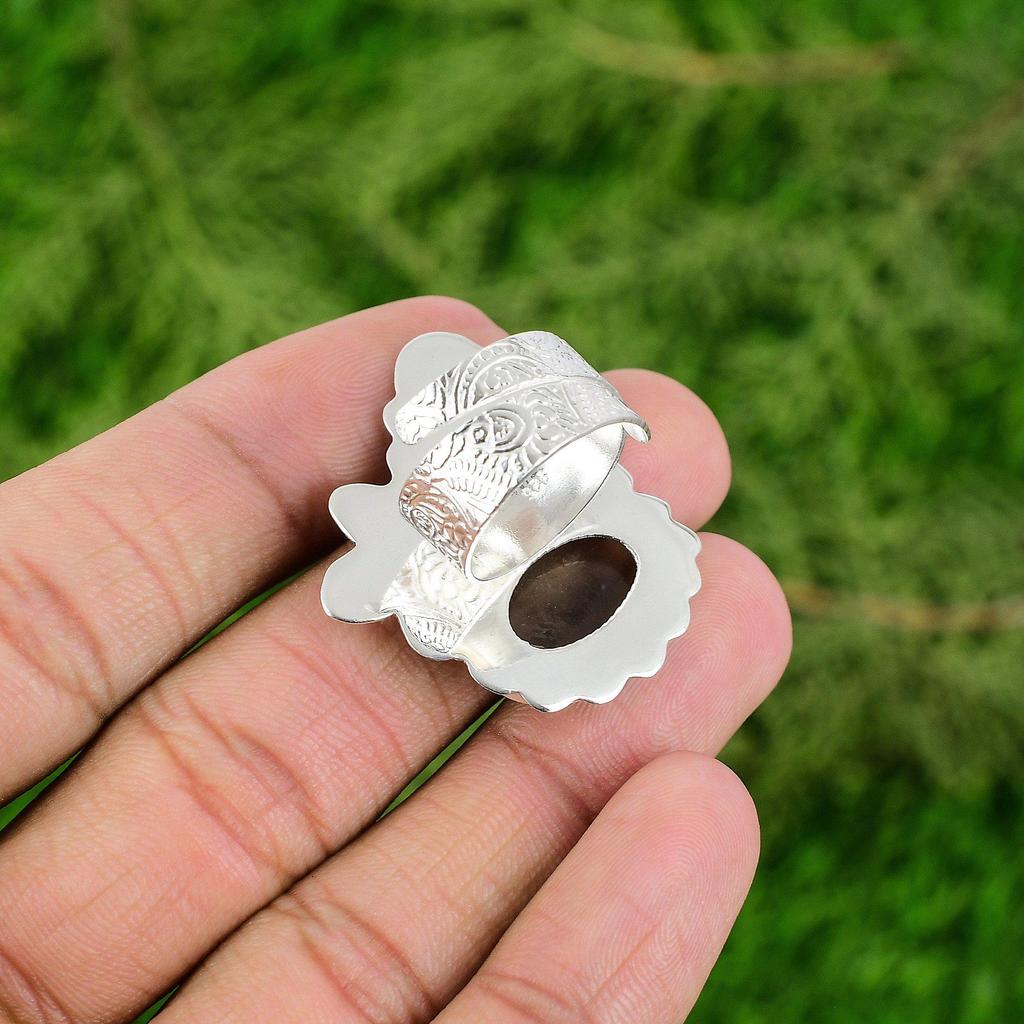 Natural Smoky Quartz Gemstone Statement Adjustable Ring 925 Silver For Girls