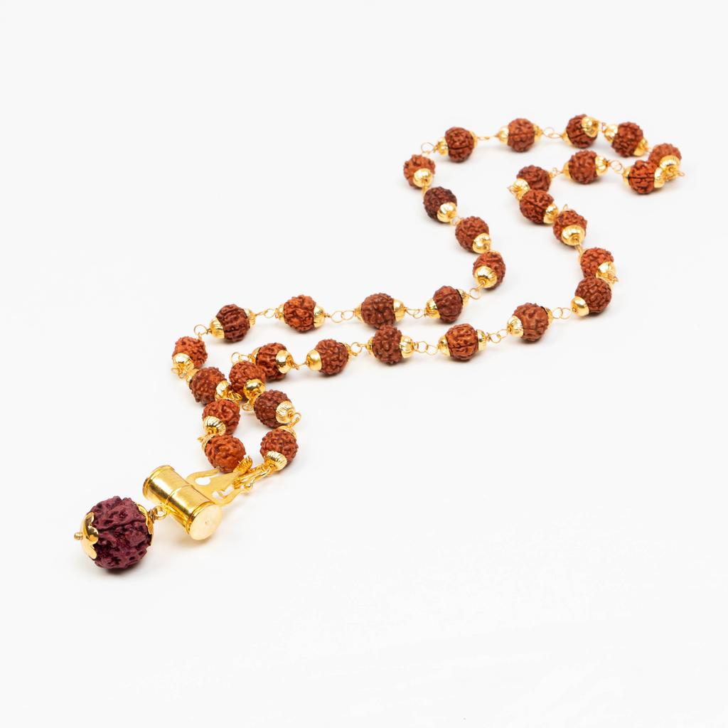 Rudraksha Mala with Brass Caps & Shiva Trishul | Natural Rudraksha Beads Necklace | Hindu Prayer Jewelry | Healing Mala | Unique Religious Gift