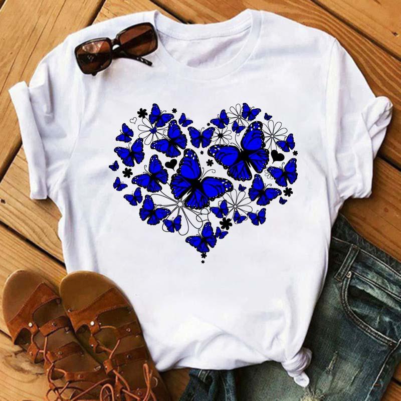 Summer Butterfly Print Plus Size Loose Round Neck Pure Cotton Short Sleeved Top T-Shirts Women’s Tees