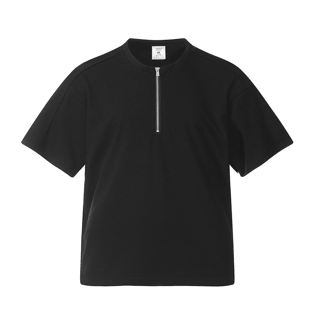 Half Zip Cardigan Round Neck Short Sleeved T-shirt Trendy Men's Summer Solid Color Loose and Versatile Casual Quarter Sleeves
