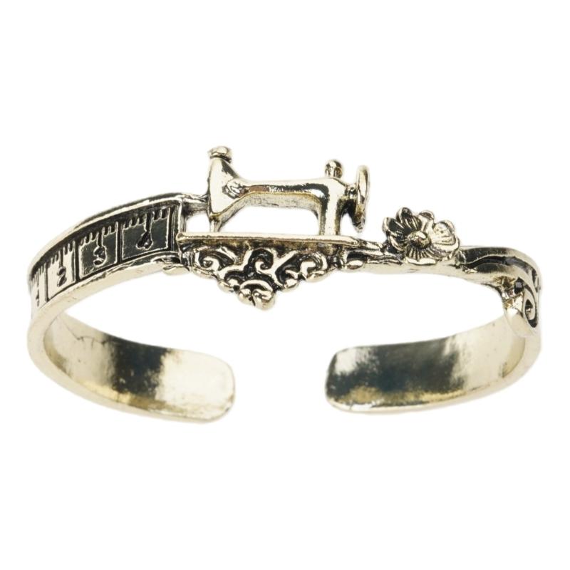Sewing Machine Cuff Bracelet Adjustable Open Alloy Bangle with Tape Measure Scroll Detail Gift Jewelry for Sewing Lovers