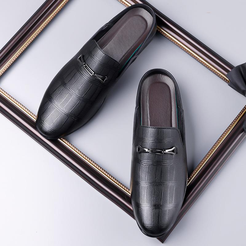 Summer New Designer Half Slippers for Men Fashion Casual Pointed-toe Dress Shoes Male Solid Color Leather Shoe Mules Man