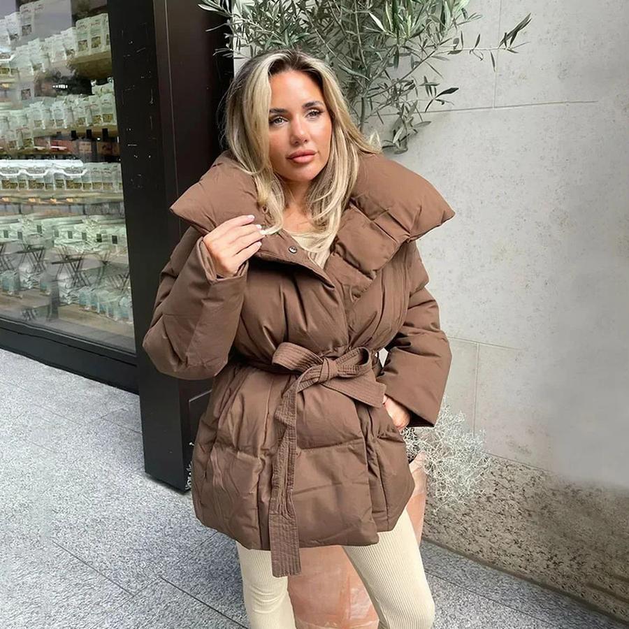

Women s Warm Waist Slimming Long Sleeve Tie Waist Loose Solid Color Fashion Winter Cotton Jacket Coat XXXL кавовий