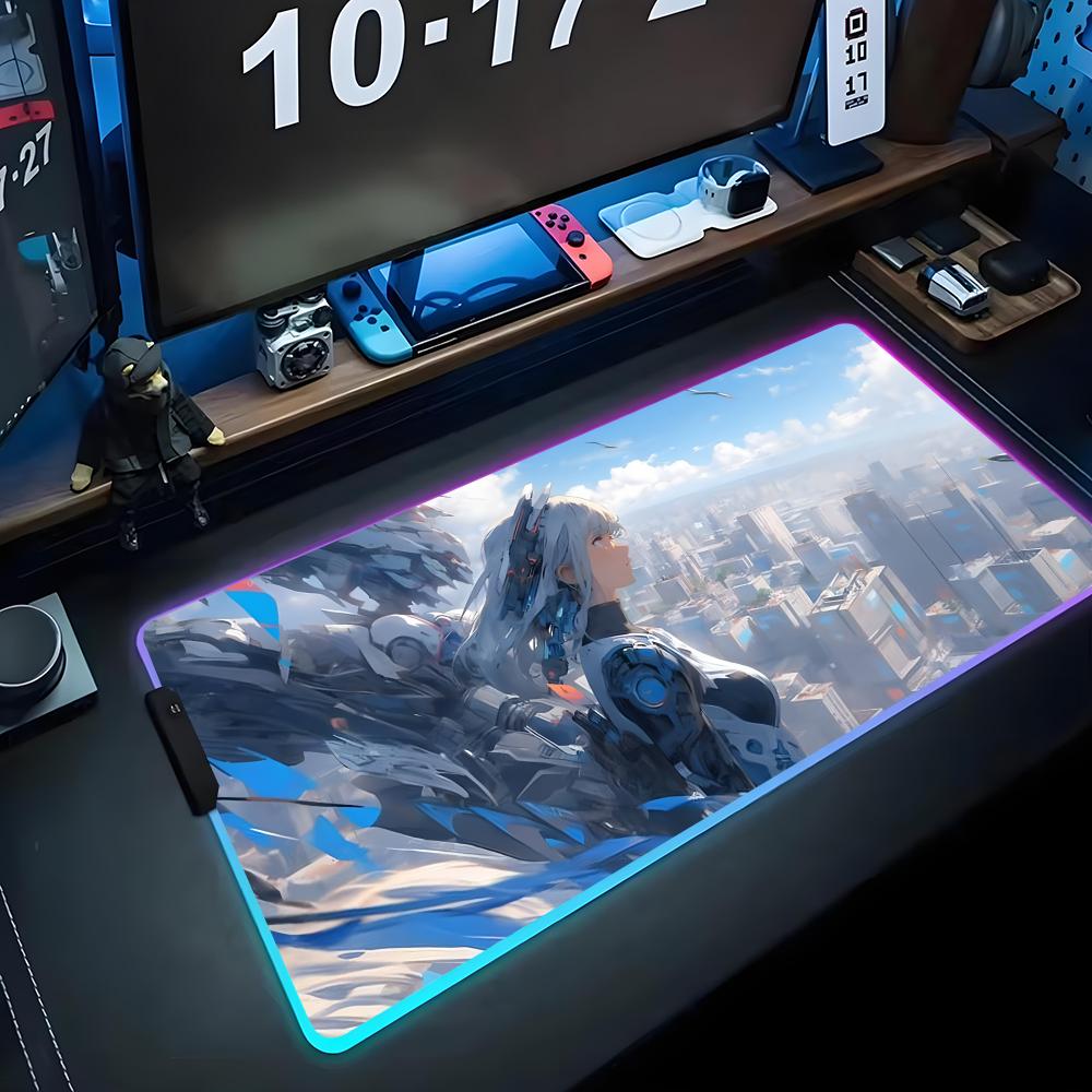 Anime Girl Mecha Mouse Pad RGB Gaming Mousepad Big LED Pad PC Desk Mat Luminous Mouse Pad Large Keyboard Mats Table Rug With