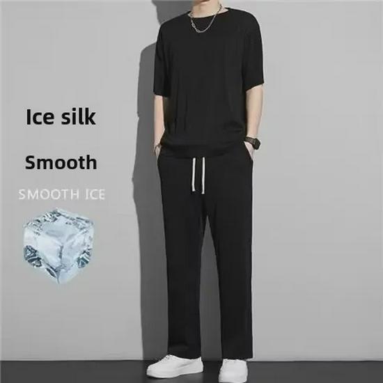 Men's Ice Silk Casual Two-Piece Summer Set: Short-Sleeve T-Shirt & Trousers Sportswear