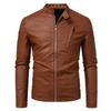 Mens Slim Fit PU Leather Jacket Trendy Stand Collar Casual Motorcycle Coat