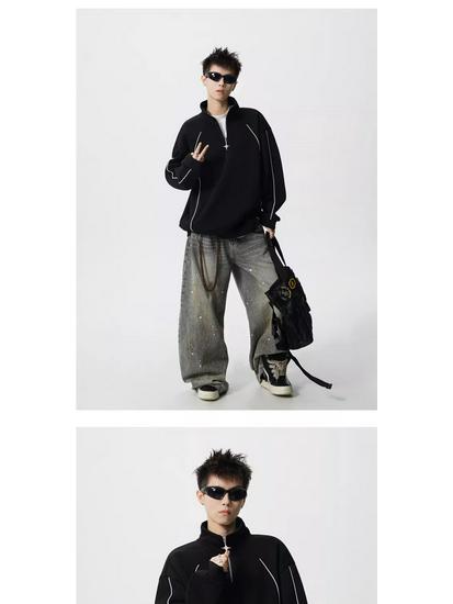 Men's 2025 Spring/Autumn Striped Color Block Half-Zip High-Neck Hoodie - Trendy Loose Heavyweight Top