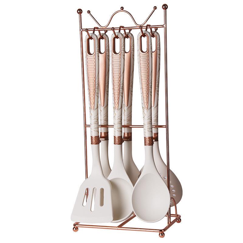 Silicone 7-Piece Kitchen Utensil Set with Storage Rack: Heat-Resistant, Non-Stick Spatula, Slotted Spoon, Ladle.
