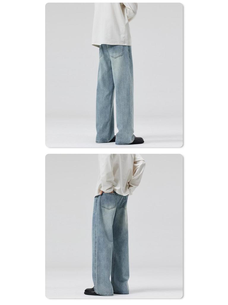 LKTM Men's & Women's Trendy Light Blue Washed Jeans - Versatile Loose Straight Leg Pants for Spring/Summer