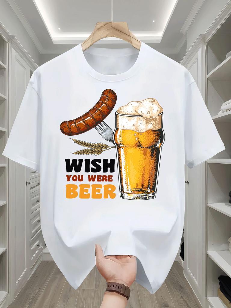 Unisex White Crew Neck Cotton T Shirt Wish You Were Beer Sausage Wheat Graphic Funny Drinking Party Short Sleeve Casual Daily Tops