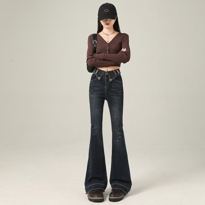 American retro flanged Spice Girl Jeans Women's Spring and Autumn Low Waist Tall Slim Skinny Flared Floor-mopping Pants