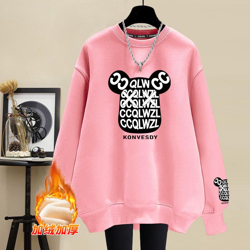 Cartoon pure cotton crew neck sweater women's 2025 autumn and winter velvet thickened casual fashion lazy wind loose large size women's clothing