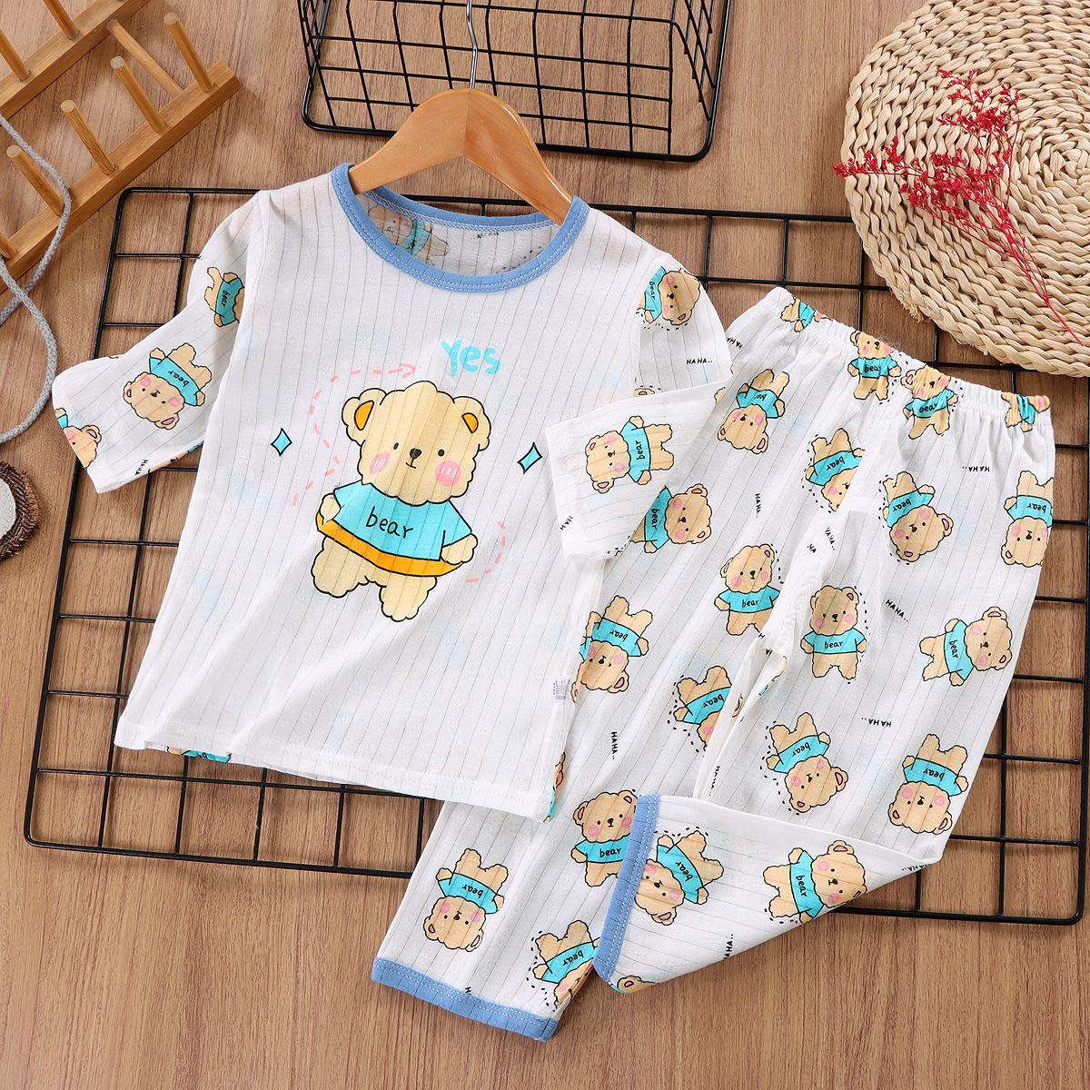 Летний детский сетчатый пижамный костюм для мальчиков с рукавами три четверти, детская одежда с кондиционером, хлопковая детская одежда с короткими рукавами для девочек 80cm